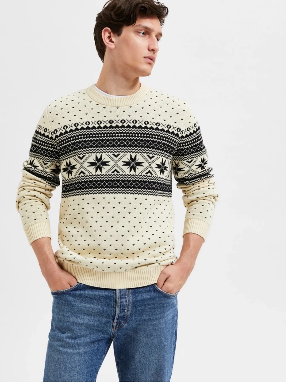 Selected Homme Long-Sleeve Knit Crew Neck Sweater Nordic/Fair Isle 100% Cotton